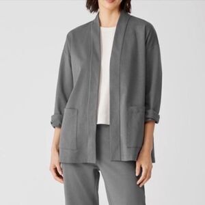 Eileen Fisher High Collar Ponte Jacket Grey Cropped Sleeve Pocket Open Cardigan